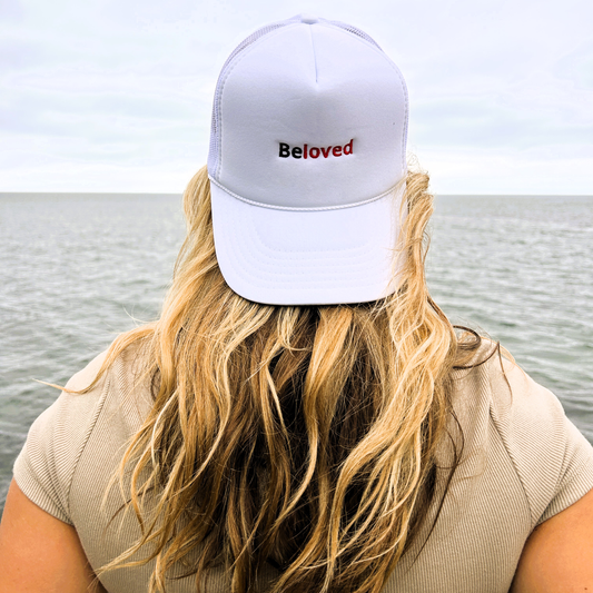 White Embroidered Adjustable Beloved Foam Trucker Hat