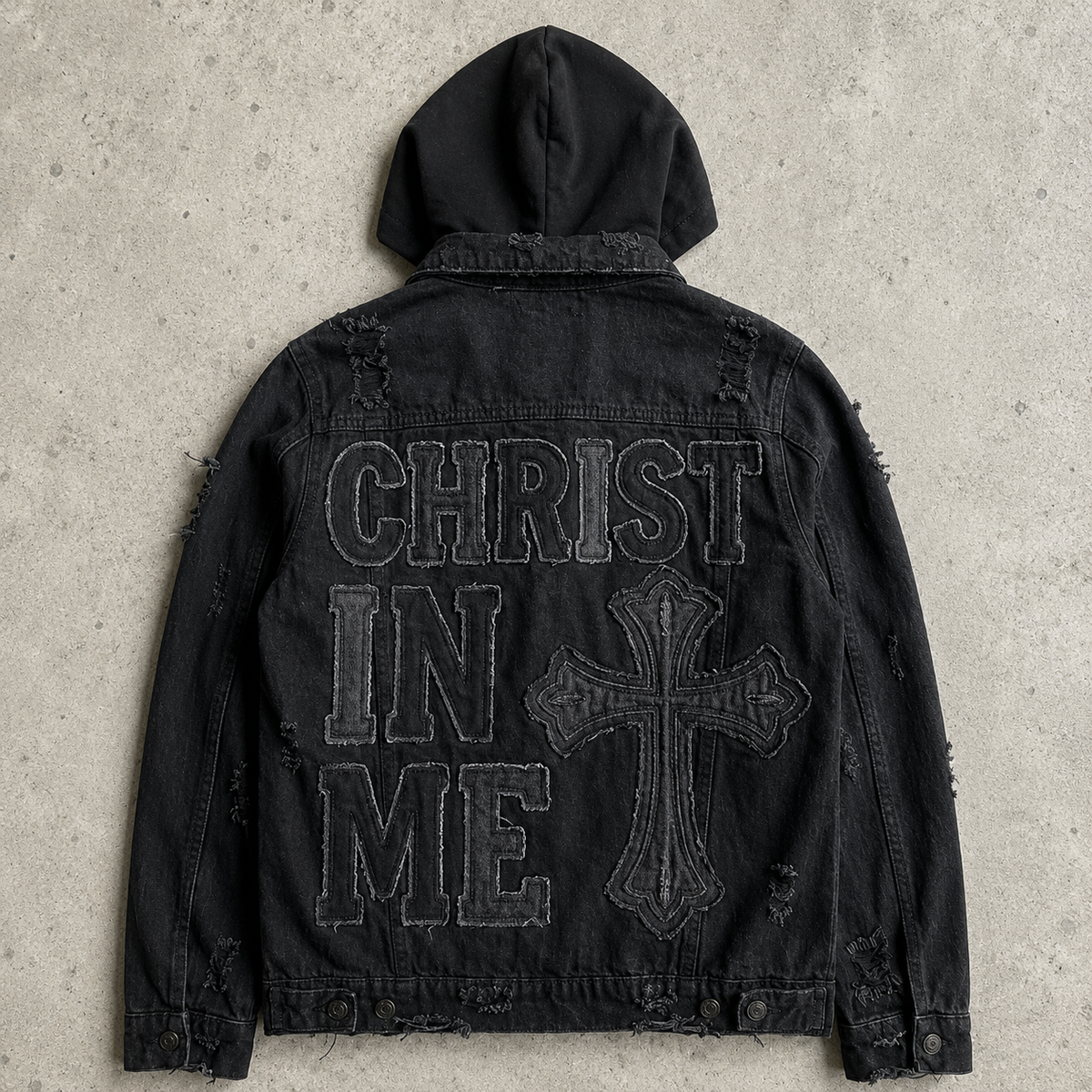 Galations 2:20 Distressed Black Jean Jacket