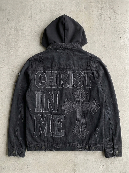 Galations 2:20 Distressed Black Jean Jacket