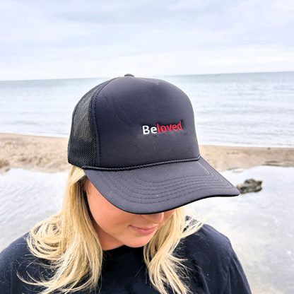 Black Embroidered Adjustable Beloved Foam Trucker Hat