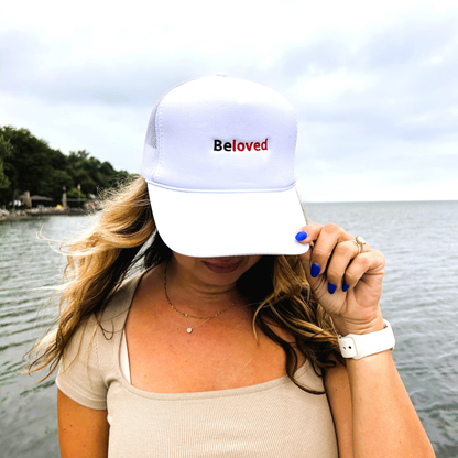 White Embroidered Adjustable Beloved Foam Trucker Hat