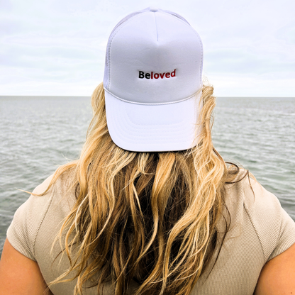 White Embroidered Adjustable Beloved Foam Trucker Hat