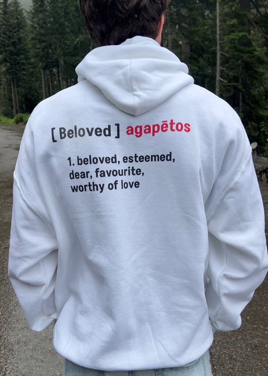 White Unisex Beloved Hoodie w/Definition/Greek Translation