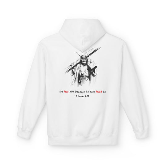 Jesus Cross/1 John 4:19 White Beloved Hoodie