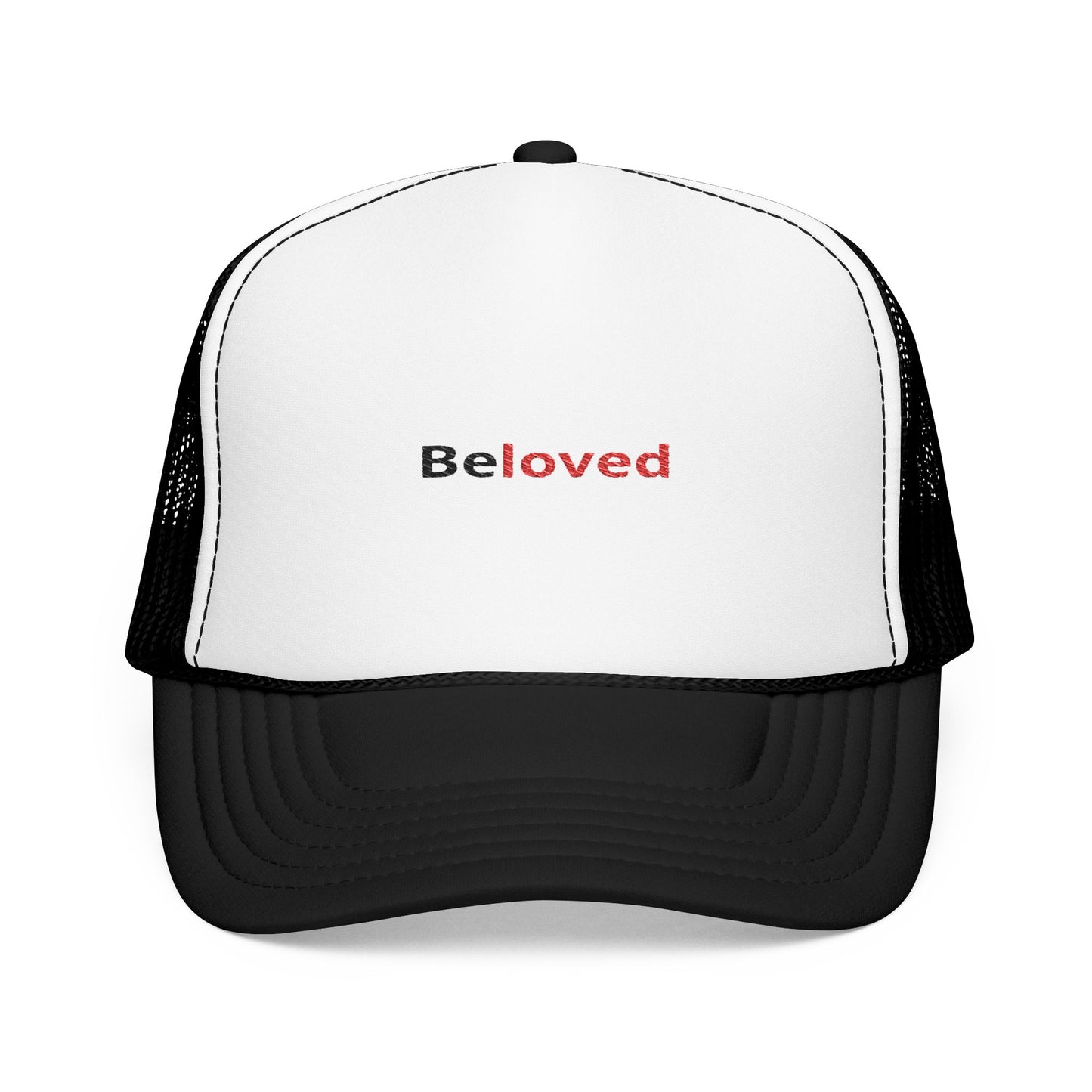 Embroidered Black and White Beloved Foam Trucker Hat,