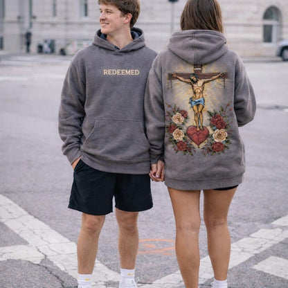 'REDEEMED' Cross and Flowers - Gray Hoodie