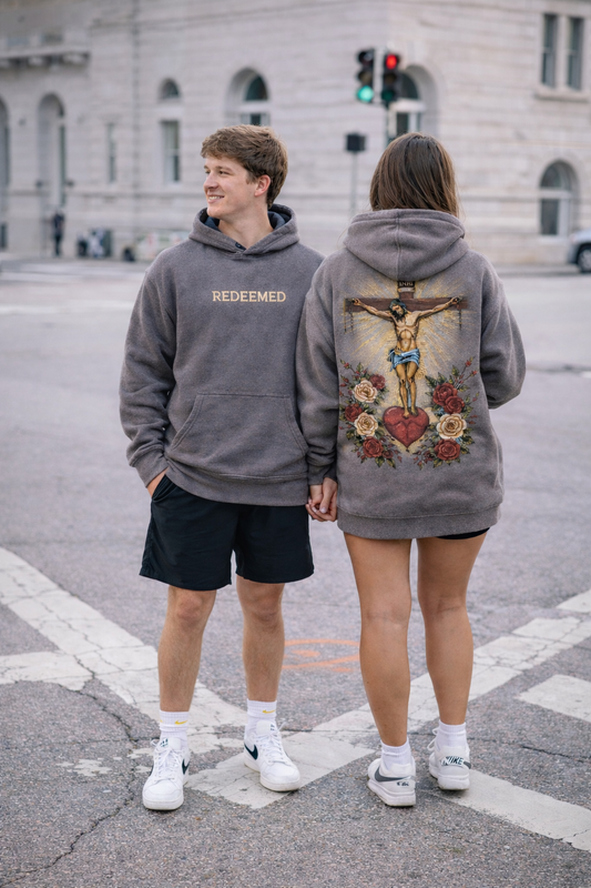 'REDEEMED' Cross and Flowers - Gray Hoodie