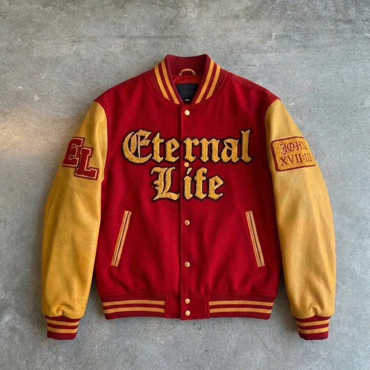 Eternal Life - John 17:3 Yellow and Red Varsity Jacket