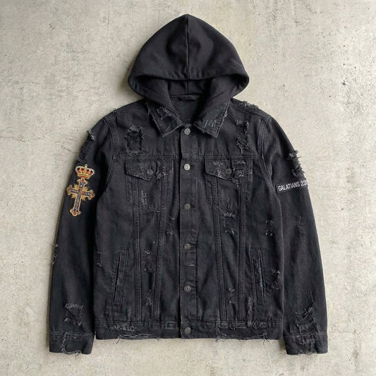 Galations 2:20 Distressed Black Jean Jacket